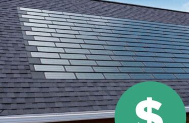 solar shingles on a roof with dollar sign