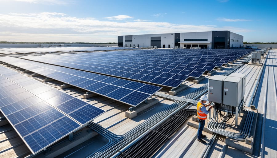 Large-scale commercial rooftop solar installation with city skyline background
