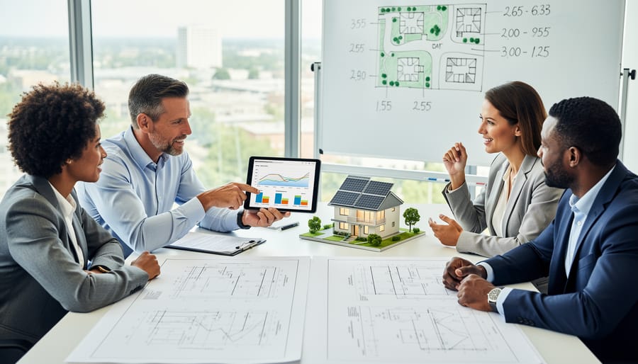 Business professionals reviewing solar project plans during consultation meeting