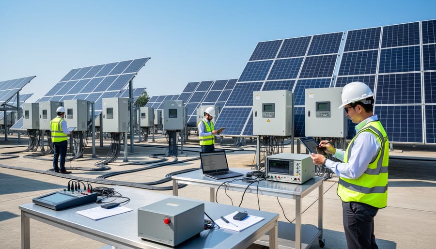 Solar technician using testing equipment to verify electrical connections in solar installation