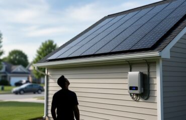 Rooftop solar panels on a suburban home with an inverter box, photographed from ground level under bright overcast light.