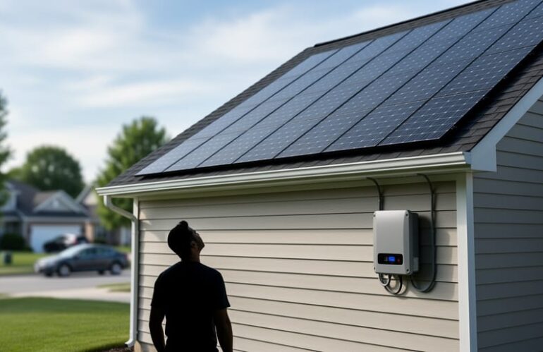 Rooftop solar panels on a suburban home with an inverter box, photographed from ground level under bright overcast light.