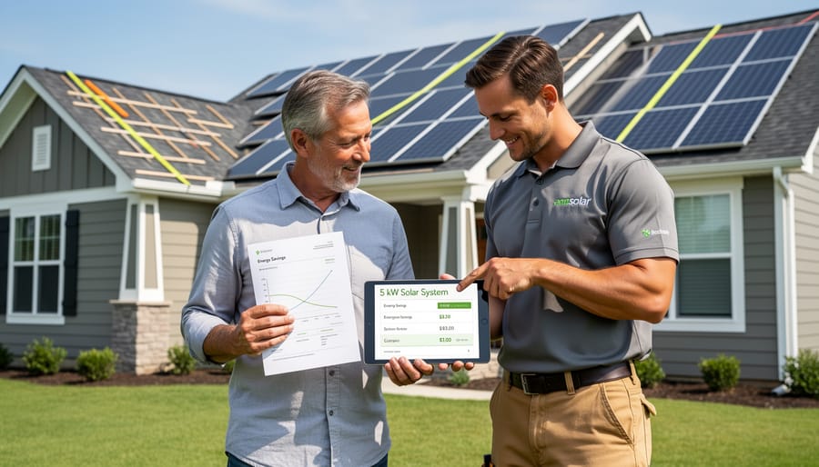Homeowner and solar technician discussing solar installation near a house with solar panels visible