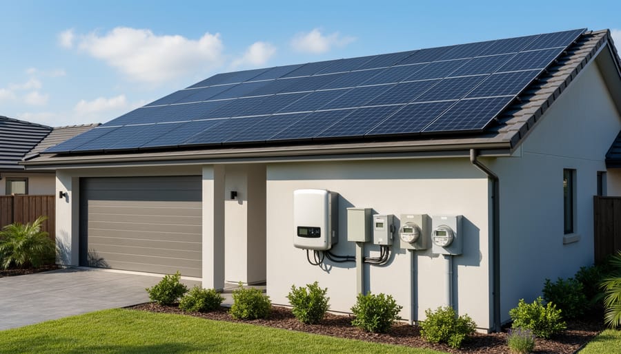 Residential solar panels and an exterior inverter mounted on a home roof and wall in daylight