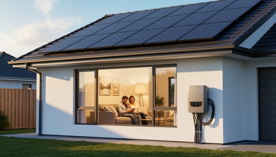 Sunlit home interior with visible rooftop solar panels in the background