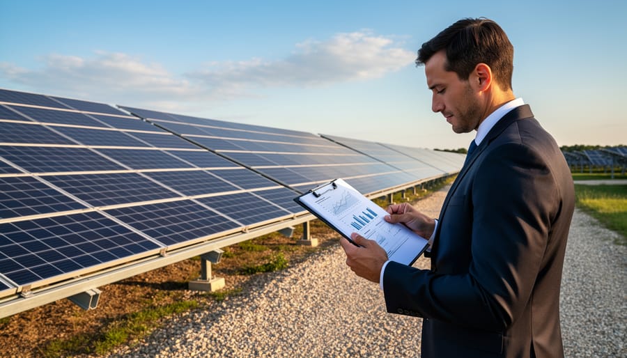 Businessperson reviewing documents near a solar installation on a building
