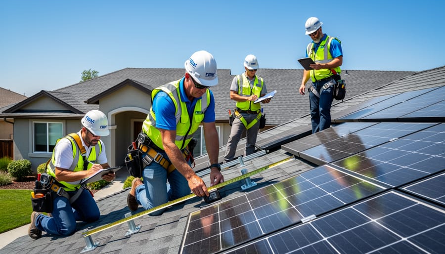 Certified solar installer and electrician inspecting rooftop solar panels and inverter area