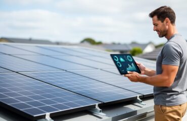 Homeowner reviewing energy analytics on a tablet beside solar panels on a residential rooftop in soft daylight.