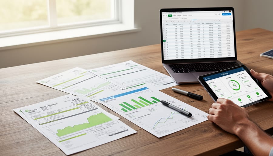 Person reviewing utility bills and planning documents on a desk near a laptop