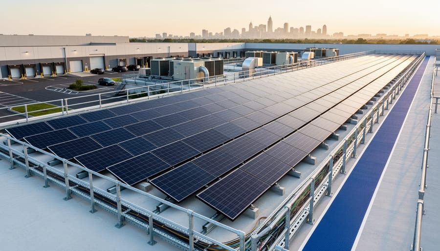 Solar panels installed on a commercial building rooftop under an overcast sky