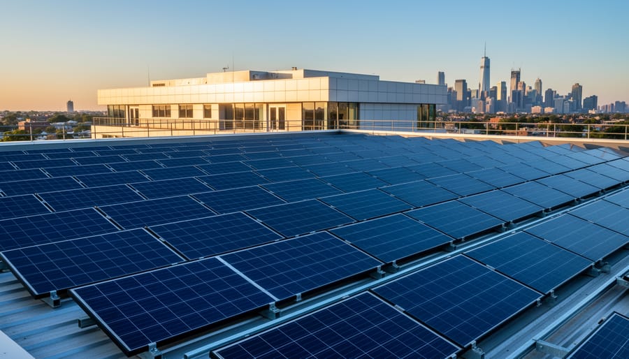 Solar panels on a commercial rooftop at golden hour with a maintenance setup in view