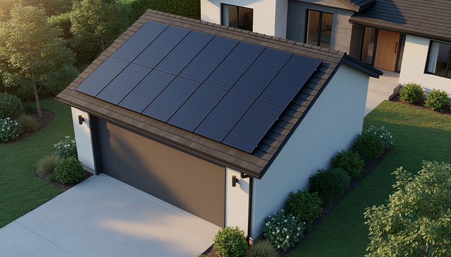 Solar panels installed on a detached garage roof under bright sunlight