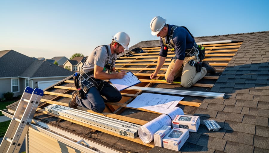 Professional inspecting roof rafters and structural framing in a garage attic