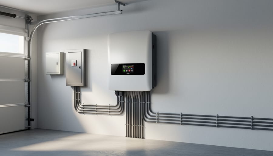 Garage interior with a mounted solar inverter and neatly routed electrical wiring