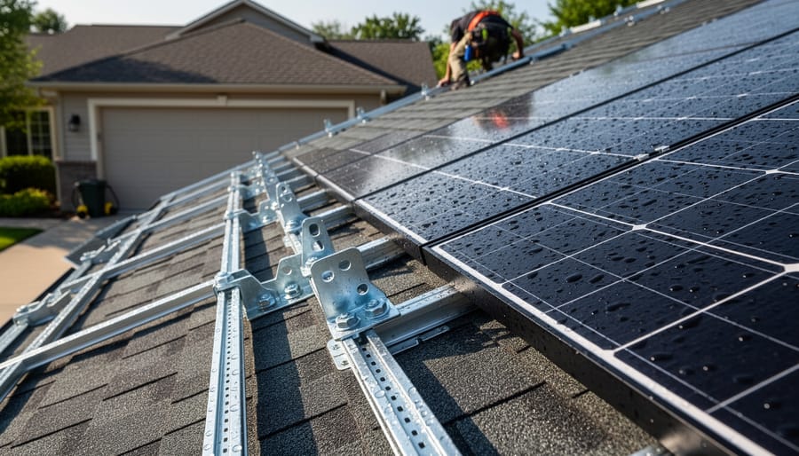 Installer attaching a solar mounting rail to roof rafters with a power drill