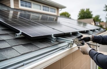 Gloved installer hands mounting a solar panel rail on a residential garage roof with neatly routed roof wiring in daylight.