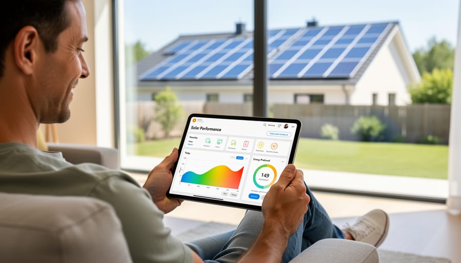 Homeowner observing a solar monitoring device while natural sunlight fills the room
