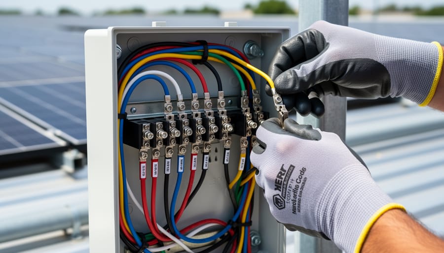 Technician’s gloved hands connecting insulated cables to a wall-mounted solar inverter and electrical disconnects