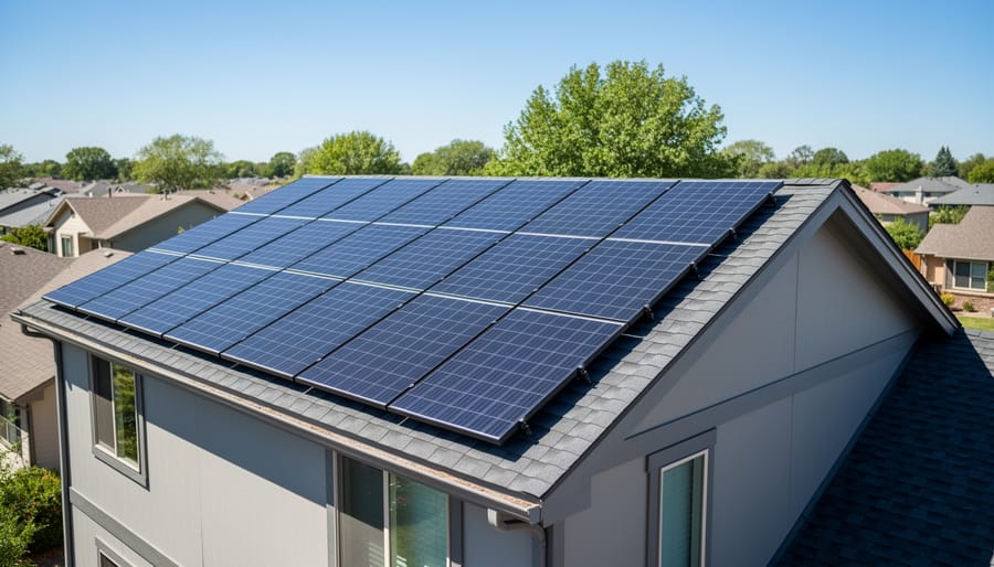 Residential roof with installed solar panels viewed from a low upward angle under a bright sky