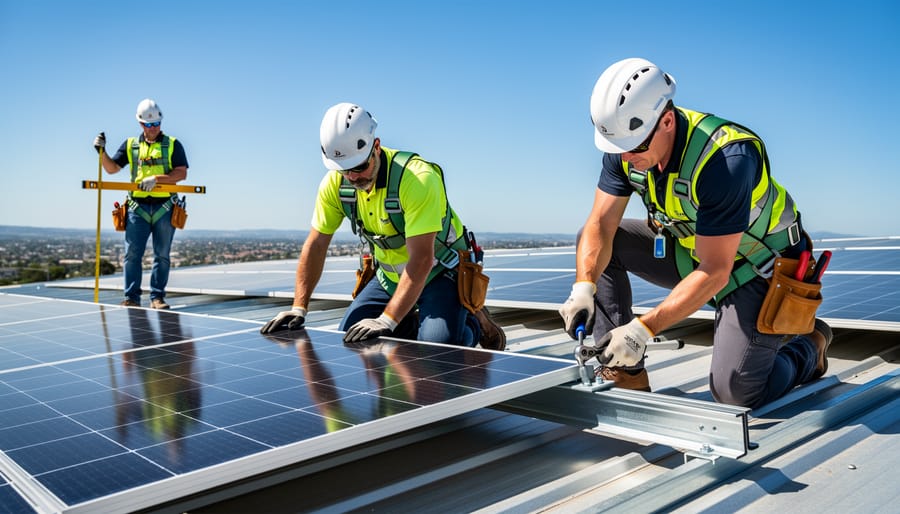 Solar installers wearing safety harnesses align and secure solar mounting hardware on a roof