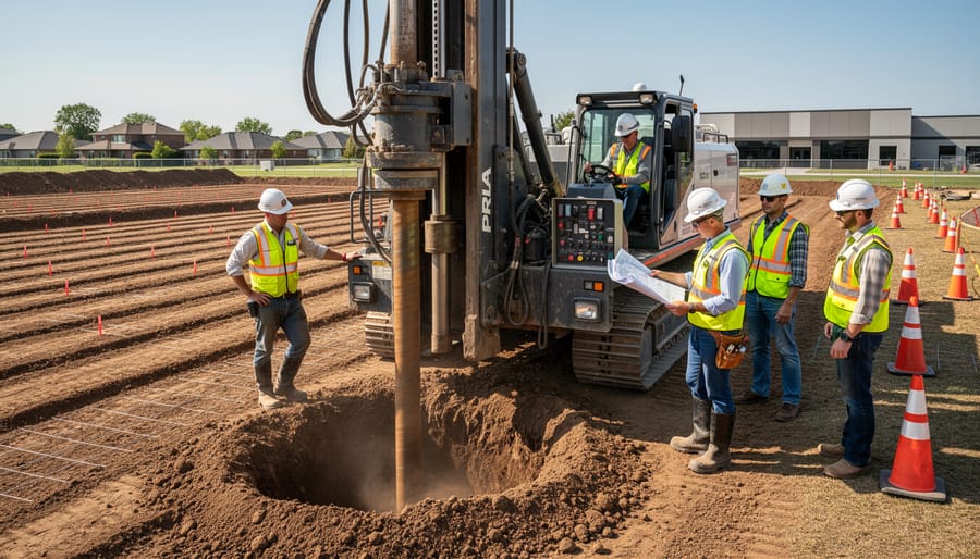 Geothermal drilling rig operating near a property with visible ground equipment