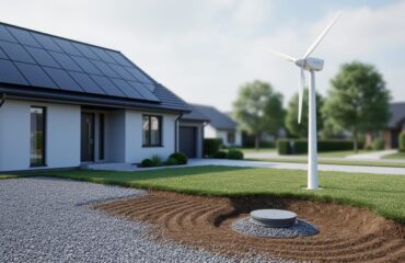 Solar panels on a home roof, a wind turbine in the yard, and a geothermal drilling site on a property under bright daylight.
