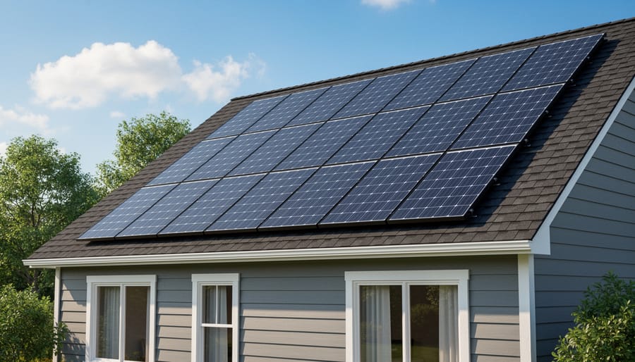 Residential rooftop with solar panels and a nearby solar inverter unit