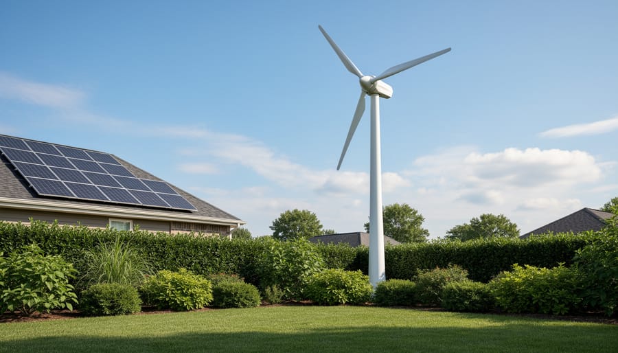 Small residential wind turbine with tower and blades visible against a golden sky